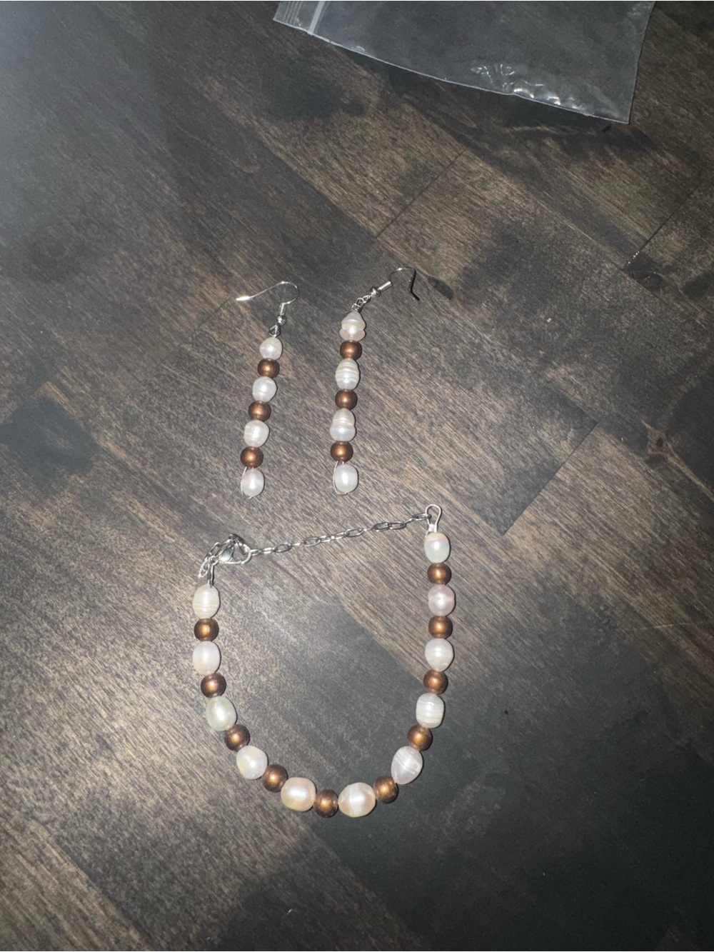 Pearl and Bronze Bead Bracelet & Earrings Set - White and Bronze